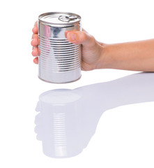 Female hands holding a tin can