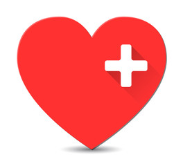 First aid medical sign on red heart shape in flat style with lon