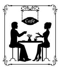 silhouettes of a loving couple in a cafe and vintage frame