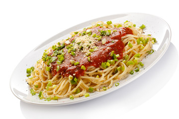 Pasta with tomato sauce, parmesan and vegetables