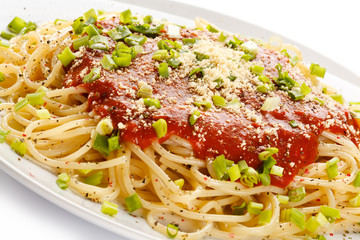 Pasta with tomato sauce, parmesan and vegetables