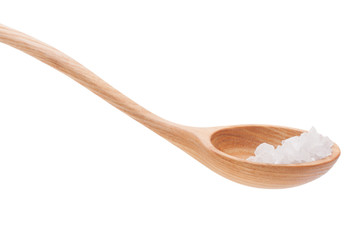Mineral salt in wooden spoon isolated on white background cutout