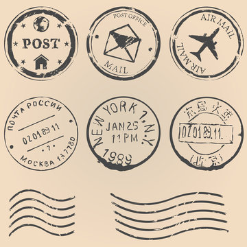 vector set of postal stamps on brown background