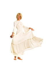 Fototapeta na wymiar Beautiful woman in white dress on white.