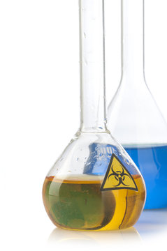 Glass laboratory equipment with symbol biohazard