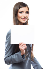 Naklejka premium Businesswoman hold white blank paper.