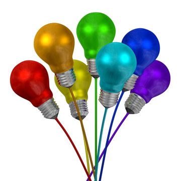 Bouquet of many-colored light bulbs on wires of different colors