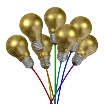 Bouquet of golden light bulbs on wires of different colors