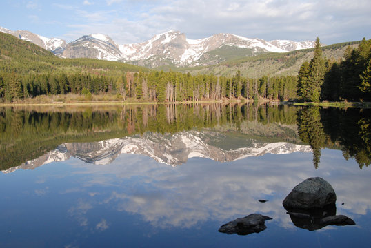Reflection in Sprague lake, Rocky Mountain National Park, CO, US