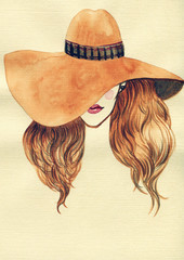 Beautiful woman in hat. watercolor illustration