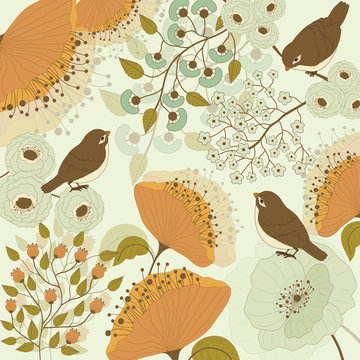 Colorful pattern with bird and flowers