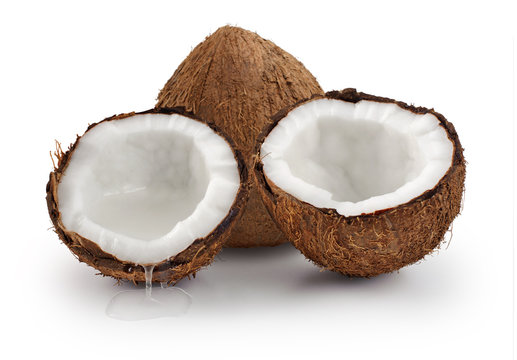 Coconut on a white background. Parts of coconut