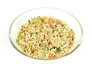 Bulgur salad in a glass bowl