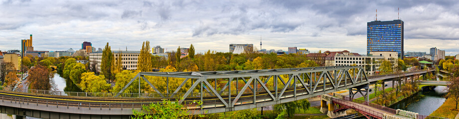 Panorama in Berlin with railroad on first plane