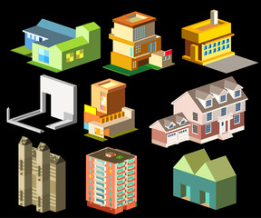 Set of vector cute buildings of bright color