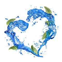 heart of water splash with green mint isolated on white