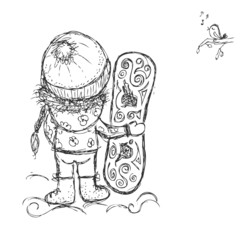 Cute girl with snowboard, sketch for your design