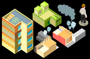 factory isometric. infographic elements on black background