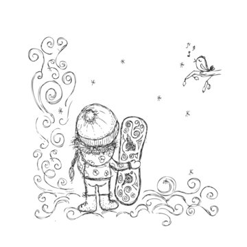 Cute girl with snowboard, sketch for your design