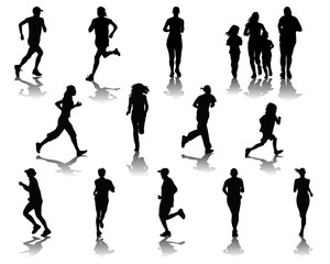 Silhouettes and shadows of people running, vector