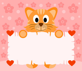 Pink Valentines day background card with cat