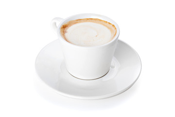 A cup of espresso coffee with foam isolated on white background