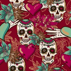 Wallpaper murals Human skull in flowers Skull, Hearts and Flowers Seamless Background