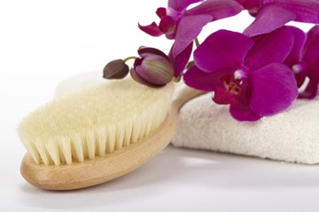 Fototapeta na wymiar Wellness - Massagebürste, Frottee-Handtücher und Orchidee
