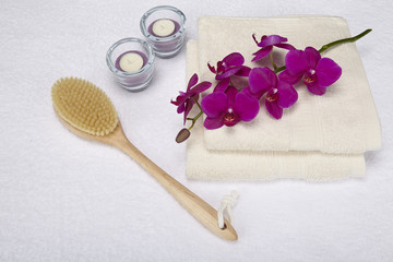 Obraz na płótnie Canvas Wellness mit Massagebürste, Handtuch, Kerzen und Orchidee