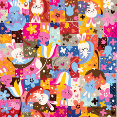 cute bunnies & flowers collage nature pattern