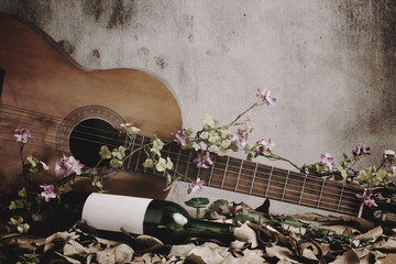 Still life wine bottle with acoustic guitar © kromkrathog