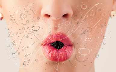 Pretty woman mouth blowing hand drawn icons and symbols