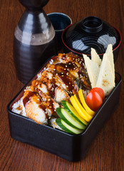 japanese cuisine. lunch box set on the background