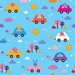 cute animals driving cars kids pattern