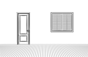the  door and window,3D  wire frame  isolate on white