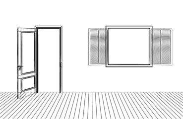 the  opening door and window,3D  wire frame isolate on white