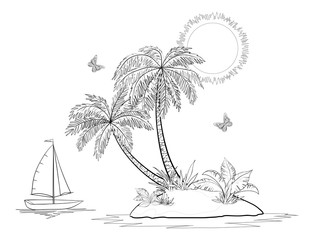 Fototapeta na wymiar Island with palm and ship contours