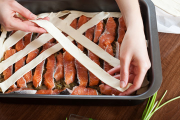 Close up of cooking fish pie