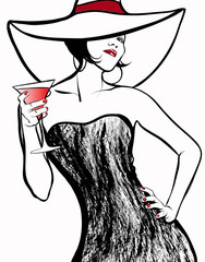 Frau mit Hut, die einen Cocktail trinkt