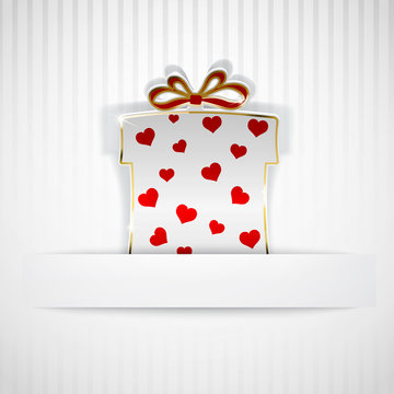 Gift box cut out of paper with hearts on white background