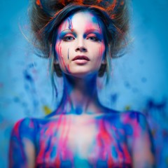 Young woman muse with creative body art and hairdo