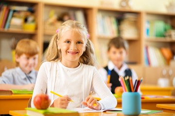 Children behind school desks during lesson