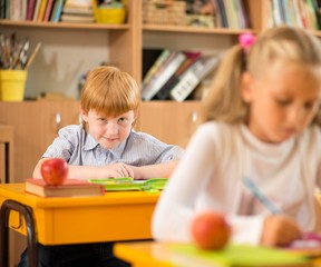 Children behind school desks during lesson