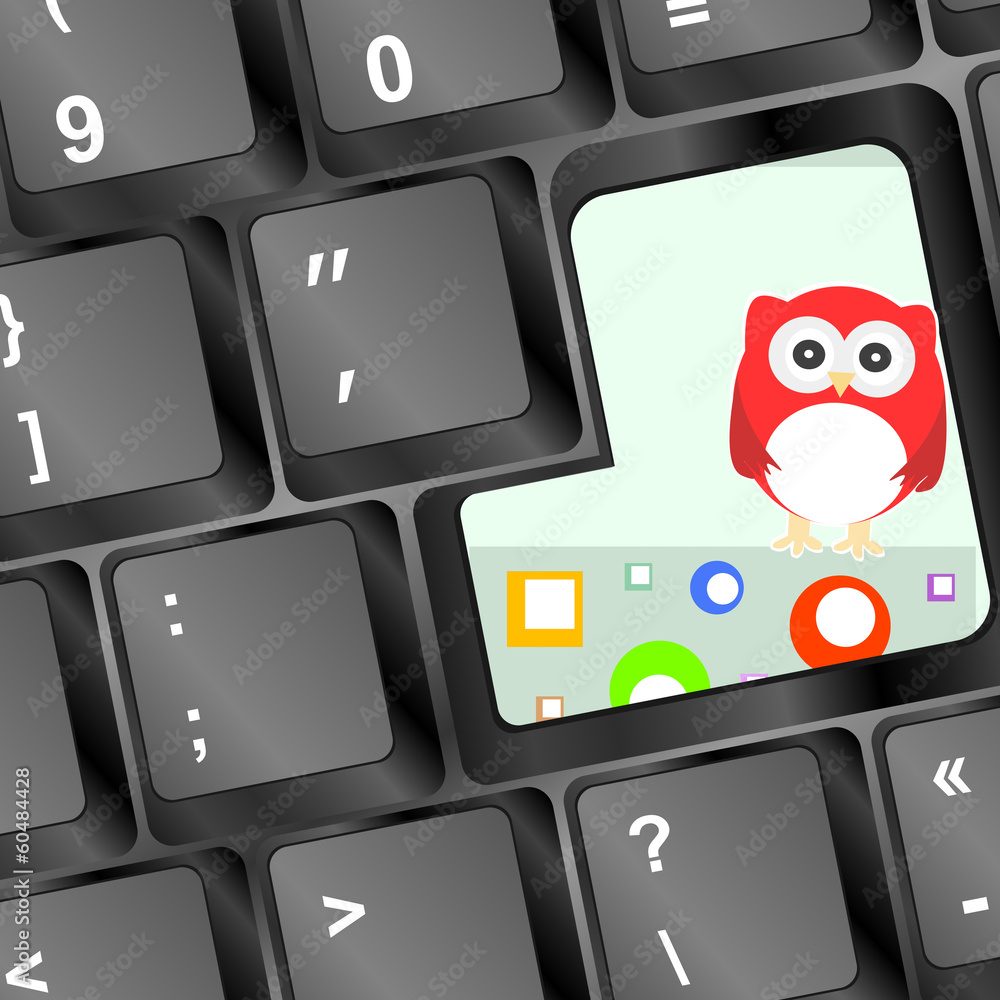 Poster owl on computer keyboard key with abstract circles