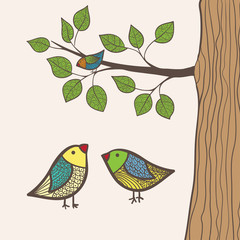 Greeting card with three birds, in vector