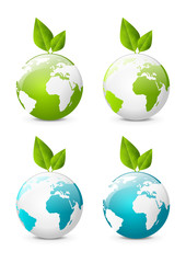Earth globe icons with green leaves