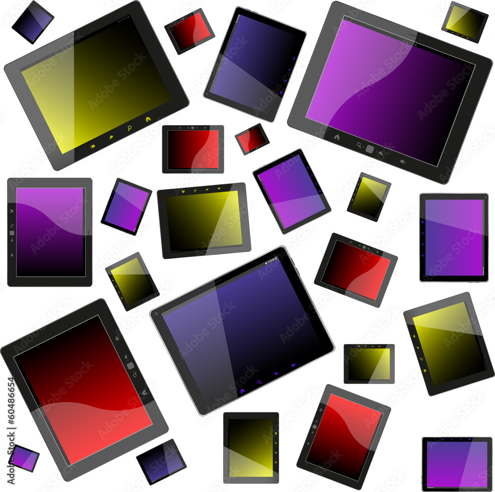 Poster set of tablet pc computers with blank screen on white background