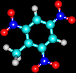Trinitrotoluene molecular structure on black background