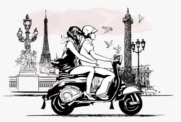 Acrylic prints Art Studio couple on  a scooter in Paris