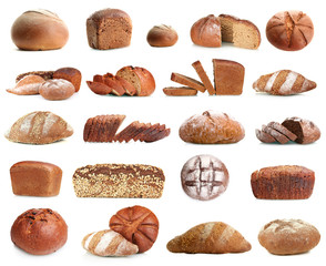 Collage of various bread isolated on white